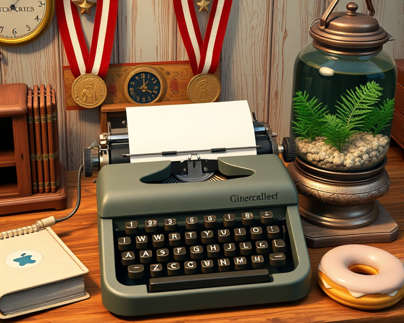 typewriter, medal, gingerbread, fish tank, donut